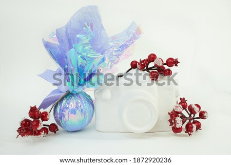 White ceramic photo camera with lavender bath ball and snowy rose hip in the white background. Red berries holly.