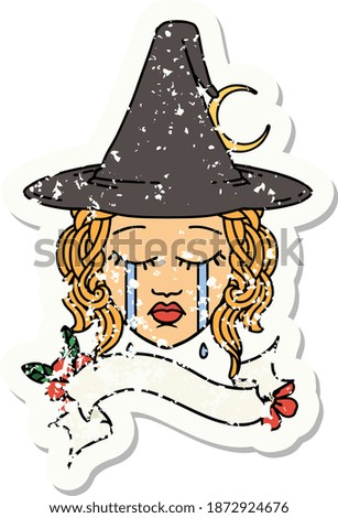 grunge sticker of a human witch character face