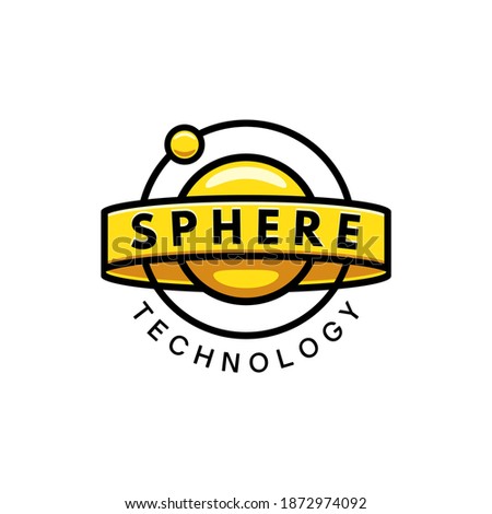 Logo for a technology company, small sphere form that orbits around a larger one with, Sphere technology, text. Made in yellow and black edges.