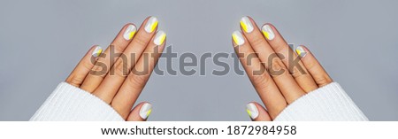 Banner made with perfect minimalistic manicure with geometry in trendy colors of year 2021.