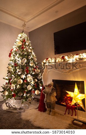 Christmas tree decor and fireplace