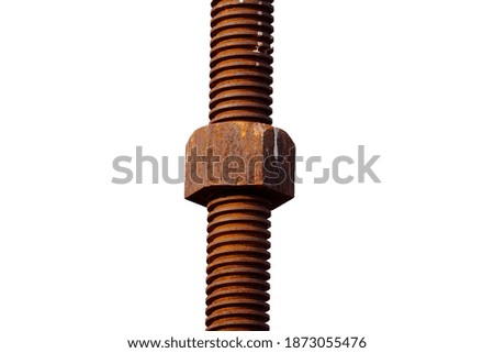 Corrosive rusted bolt with nut. Grunge industrial construction on white background, close up.
