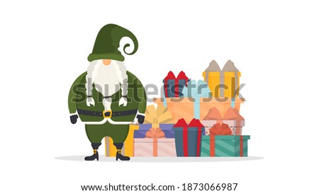 Christmas gnome with gifts. Small man with a beard in green clothes. Big pile of colorful wrapped gift boxes. Vector.