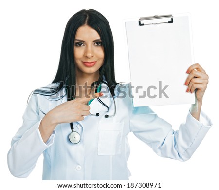a young female doctor (intern, student, nurse) with a blank clipboard