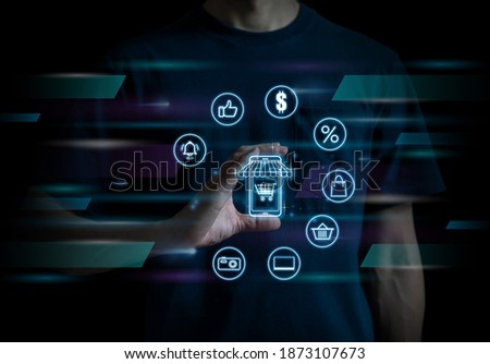 Online shopping business technology concept selecting with business icons.Process buying digital online shopping search string virtual screen.Copy space for your text.