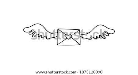 Hand-drawn flying envelope with hearts. Love letter Doodle illustration. Vector Valentine's day design element for greeting cards, invitations. Black outline isolated on a white background.