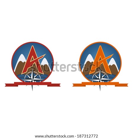 Travel emblem with ribbon, the wind rose, the mountains on a white background