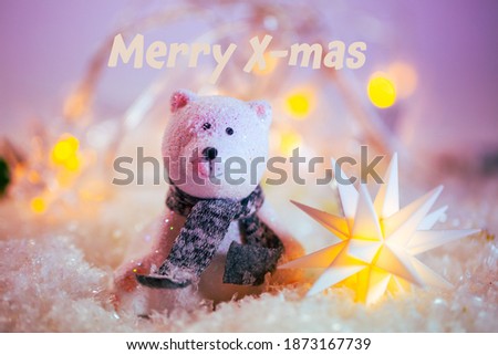 Christmas, polar bear in the snow with Christmas tree balls, Christmas card, Merry x-mas