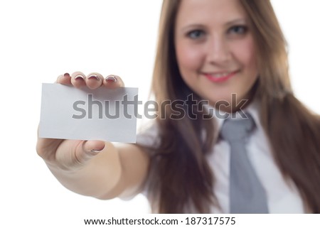 Businesswoman holding enmpty visit card - isolated photo portrait