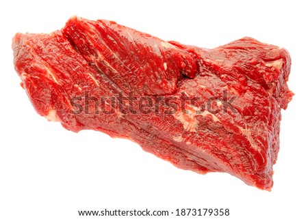 Meat beef isolated on white background, clipping path, top view. Buffalo fillet close-up, top view. Fresh raw piece of beef. Piece of fresh beef, top view. Piece of beef for a steak.