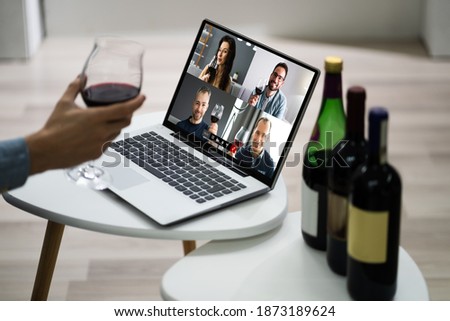Virtual Wine Tasting Event Party On Laptop Royalty-Free Stock Photo #1873189624
