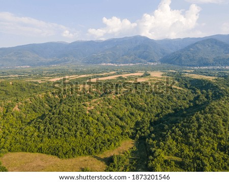 Aerial Panoramic view of Petrich valley, Blagoevgrad region, Bulgaria