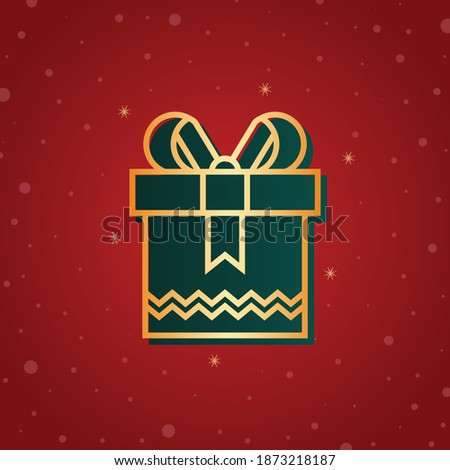 Christmas Gift box icon. Christmas icon in golden color with Happy Xmas snowflakes red background.