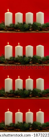Collage of 4 pictures. White christmas candles on red background, Advent.