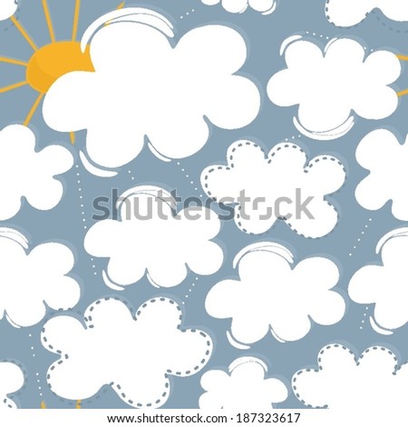 sunny spring summer day with messy delicate white clouds and yellow sun on beautiful sky nature seasonal seamless pattern on blue background