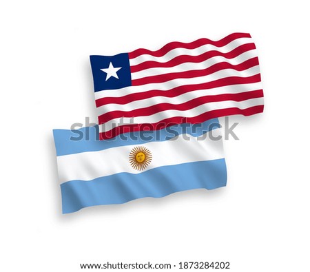 National vector fabric wave flags of Liberia and Argentina isolated on white background. 1 to 2 proportion.