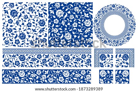 Set of floral design elements. Seamless patterns, seamless borders, circle frame. Beautiful for any plain and chic elegance designs. Vector illustration.