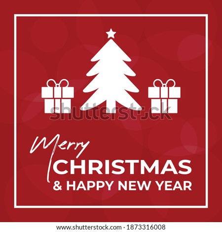 Merry Christmas Square Banner with Red Background for Social Media. Design with Gift Box and Christmas Tree. Flat Vector Illustration