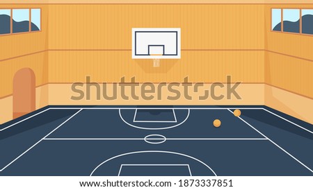 Basketball court vector illustration. Cartoon 3d empty indoor stadium, gym sport arena or hall playground for sportive team games with balls on floor and basket hoop in central zone background