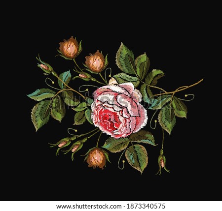 Embroidery wild pink roses flowers. Fashionable template for clothes, textiles, t-shirt design  