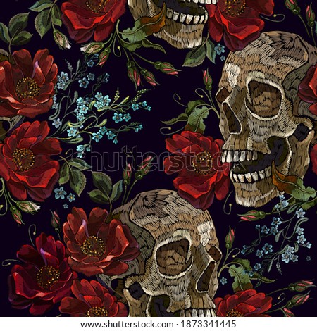 Embroidery skull and red roses seamless pattern. Halloween background. Fashion clothes template and t-shirt design. Dark gothic art 