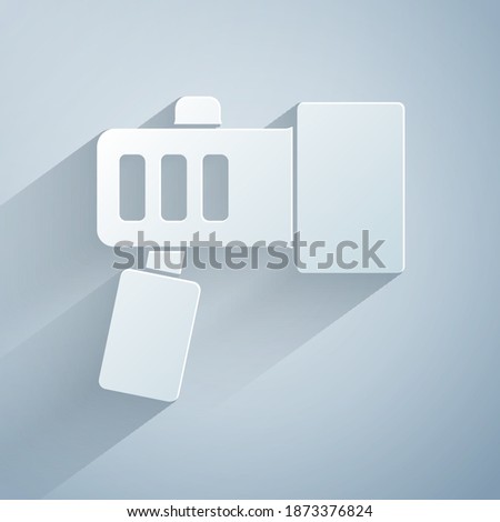Paper cut Flashlight for diver icon isolated on grey background. Diving underwater equipment. Paper art style. Vector