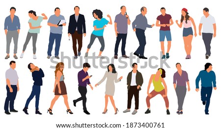 Cartoon men and women walking outdoors in the city. Flat colorful vector illustration
