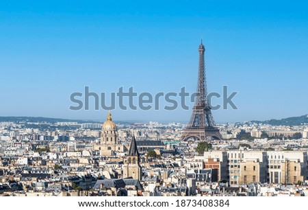 Panoramic aerial view of Paris from the Tower of the Cathedral of Notre Dame with the Eiffel Tower in background