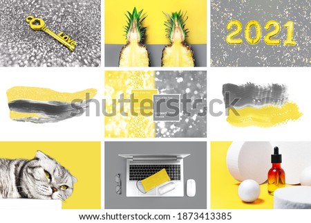 Collage with trendy colors 2021. Lifestyle Illuminating yellow and Ultimate Gray images background concept