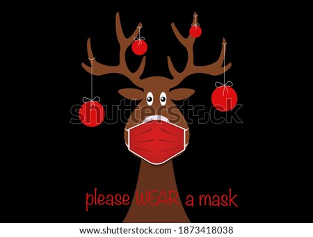 Festive Christmas reindeer wearing face mask for Corona virus protection. Christmas tree cartoon reindeer with surgical mask in flat style and xmas balls decoration Vector isolated black background 