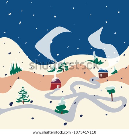 Winter snow hills house street nature landscape vector illustration. Flat, simple, cartoon.