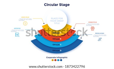 Round diagram with four colorful semi-circular overlaid elements. Concept of 4 stages or levels of financial process. Corporate infographic design template. Flat vector illustration for presentaion.