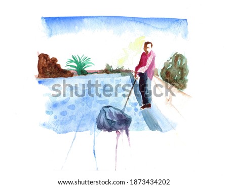 Watercolor illustration of pool boy with leaf collection net cleaning the swimming pool in sunny summer day. Bright colorful landscape, raster stock image in impressionism.