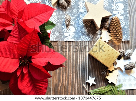 Decorative background, natural Christmas plant, stars, gift boxes, fabrics and more. All this on rustic tables.