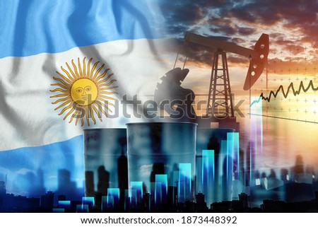 Image of the Argentine flag, oil pump rig and barrels with graphs. The concept of oil production, regulation of mining, the discovery of new deposits. Mixed Medivse, Double Exposure