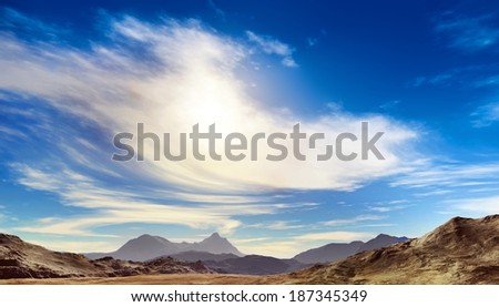 Colorful panoramic landscape: blue sky and fluffy clouds.

(Plane backplate, 3D rendering computer digitally generated illustration.)