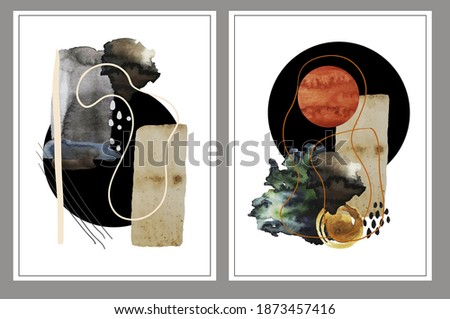 Abstract composition with watercolor blots, lines and circle. Vector