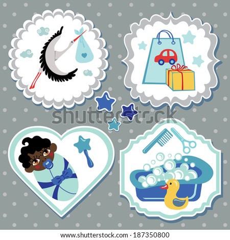 A set of cute cartoon Label with items for newborn baby  boy. Baby cartoon icons,scrapbooking elements polka dot background.Vector illustration