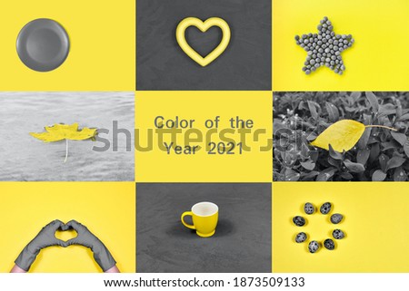 A collage showcasing the trendy colors of 2021 - gray and yellow. Heart, cups, plate, knitted fabric backgrounds.