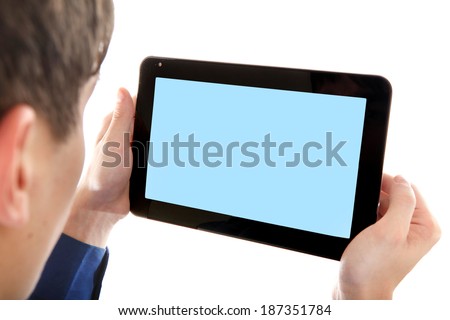 Person holding Tablet Computer with Empty screen Isolated on the White Background