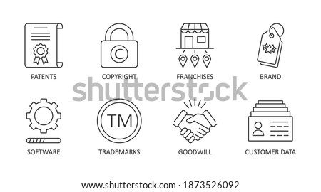 Vector icons of intangible assets. Editable stroke. Business set symbols patents copyright franchises goodwill trademarks brand names self-developed software licenses. Isolated on a white background. Royalty-Free Stock Photo #1873526092
