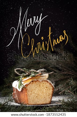 Winter baking at christmas eve - xmas bread on a black background with new year tree branches and falling snow. Holiday card with a hand drawn lettering "Merry Christmas" and sweet homemade cakes.