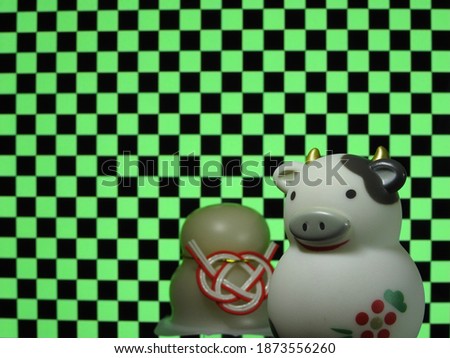 Japanese checkered pattern and zodiac signs, cows and rice cakes