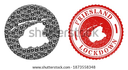 Vector mosaic Friesland Province map of locks and grunge LOCKDOWN seal. Mosaic geographic Friesland Province map designed as carved shape from round shape with black locks.