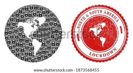 Vector mosaic South and North America map of locks and grunge LOCKDOWN seal stamp. Mosaic geographic South and North America map designed as hole from round shape with black locks.