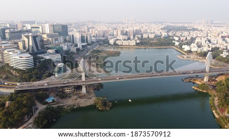 Durgam cheruvu Cable Bridge, Hyderabad. Drone View Royalty-Free Stock Photo #1873570912