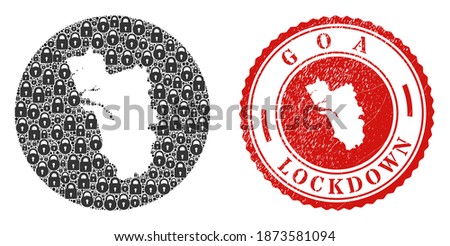 Vector mosaic Goa State map of locks and grunge LOCKDOWN stamp. Mosaic geographic Goa State map constructed as stencil from circle with black locks.