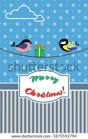 Christmas vector card - two birds are sitting on a wire, one gives the other a Christmas present.
