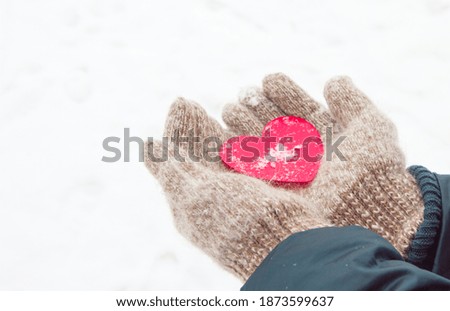 Women's hands in knitted warm wool gloves hold a red heart, against the background of snow, in winter, Valentine's day concept.
