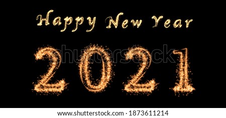2021 and Happy New Year written with Sparkle firework on dark background, Happy new year and merry christmas celebration, banner and greeting cards concept